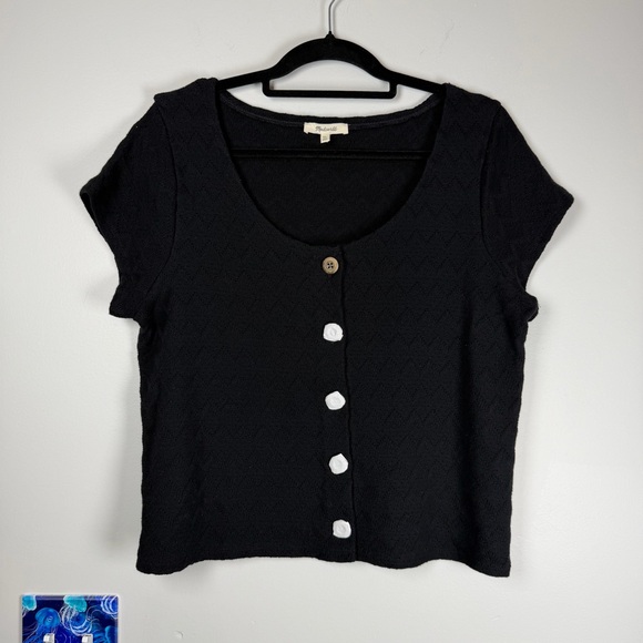 Madewell Black Knit Pointelle Button-Front Cotton Cropped Scoop Top Size XL - Picture 2 of 9
